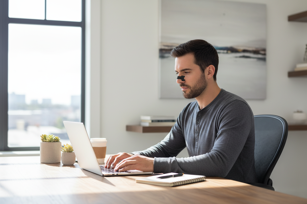 Homme au bureau avec patch
