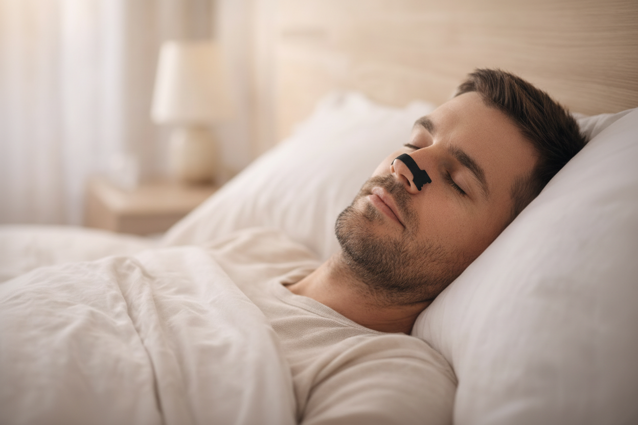 Homme dormant de profil avec patch nasal